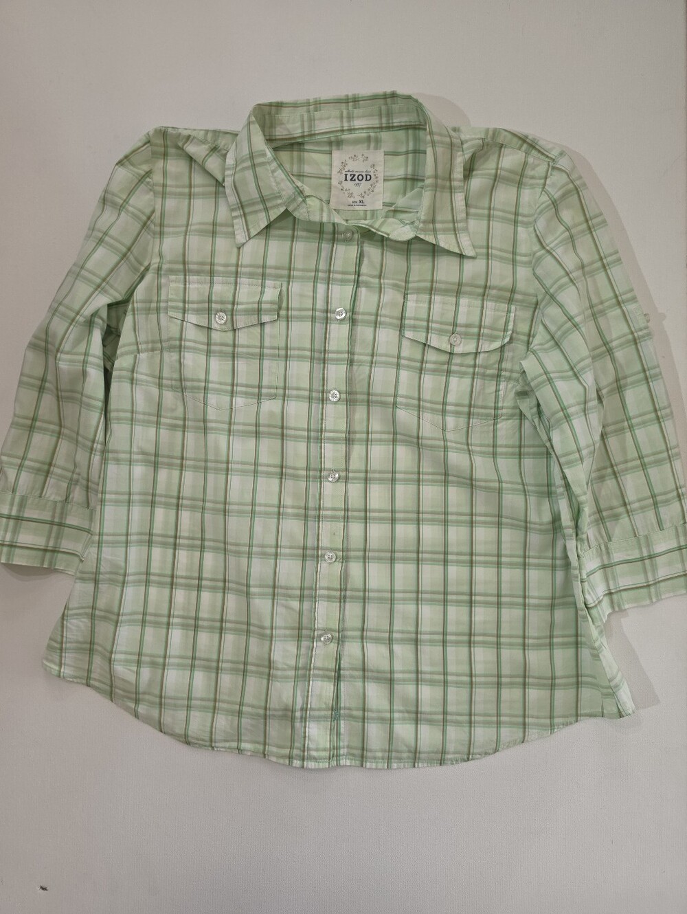 Izod Button Down Shirt Womens XL Green Plaid Classic‎ Preppy (FLAW)